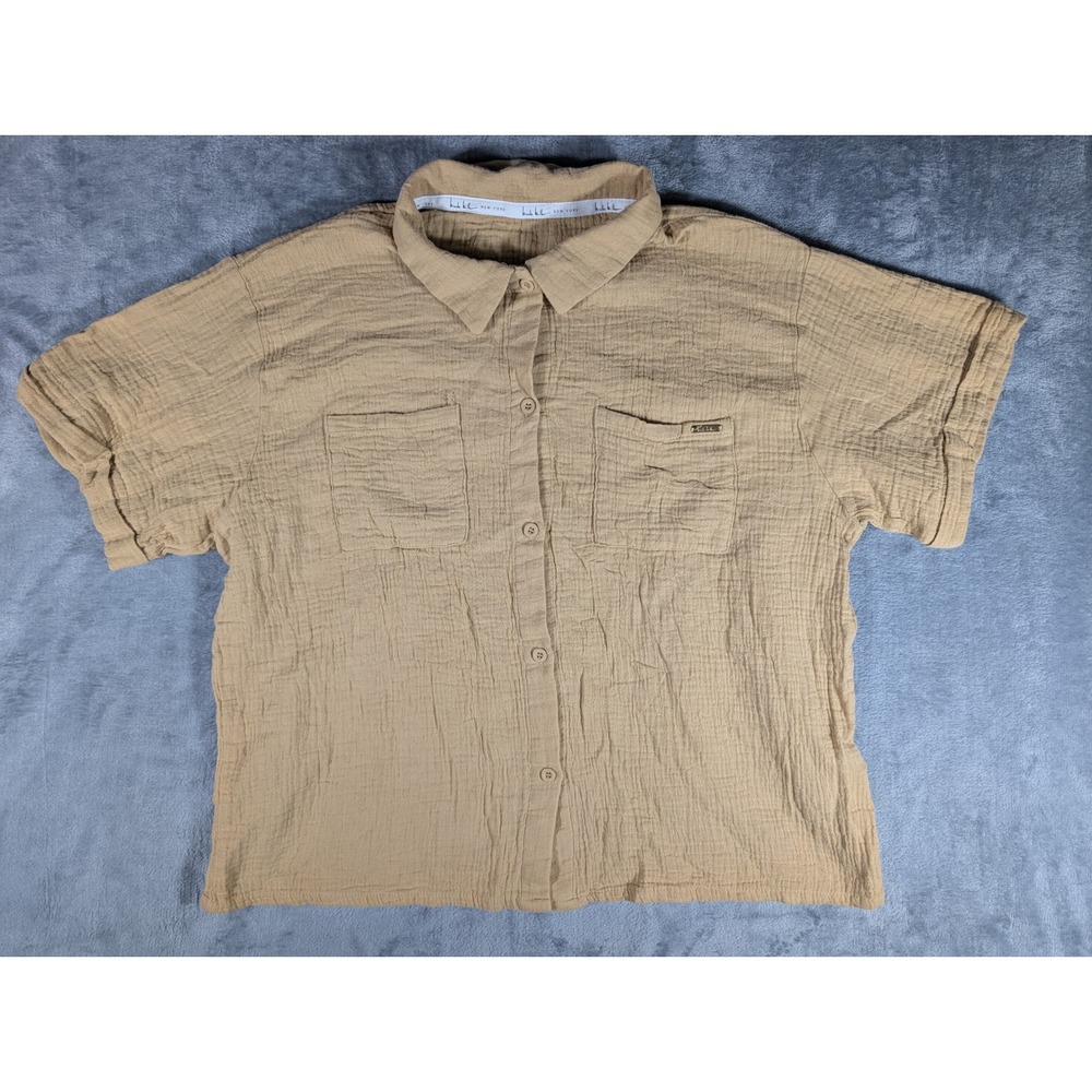 Nicole Miller New York Womens Tan Cotton Gauze Short Sleeve Button Down Shirt XL